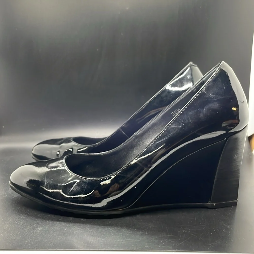 TOD'S Black Patent Leather Wedge Pumps Heels Shoes Size EU 36 1/2 USA 6.5